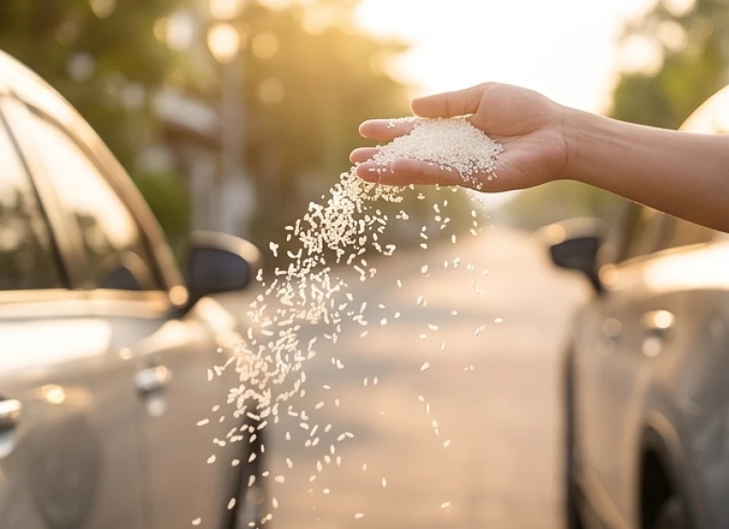 Bàn tay bốc nắm muối gạo vung ra xa phía lề đường để bố thí và xua đuổi xui xẻo