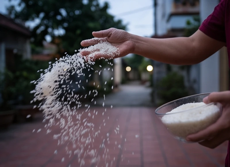 Gia chủ vung tay rắc đều đĩa muối gạo từ mâm cúng ngoài sân ra các hướng để hoàn tất nghi thức thí thực