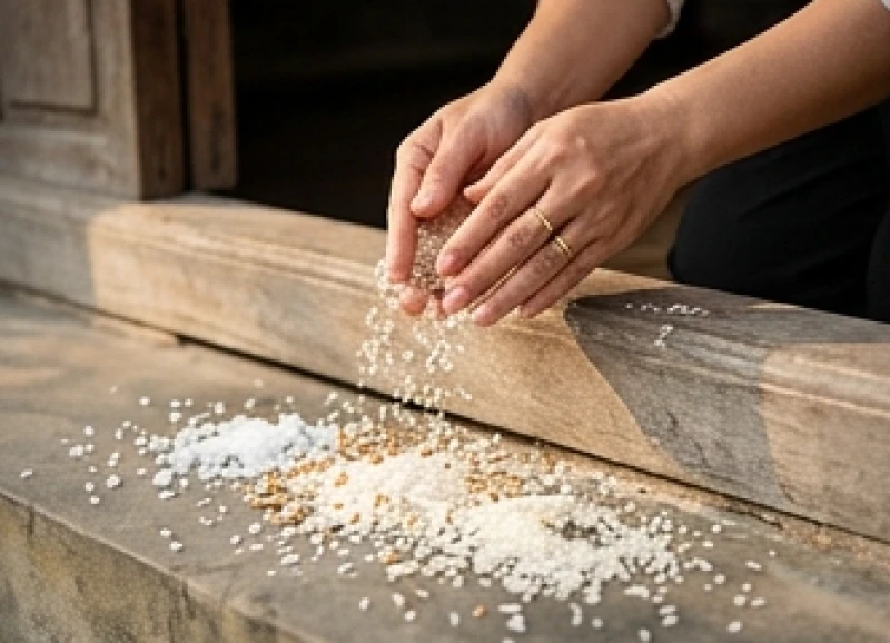 Bàn tay đang rắc đều đặn những hạt muối biển và gạo trắng ra bậc thềm nhà để thanh tẩy năng lượng tiêu cực