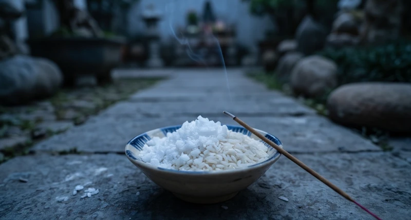 Bát muối và hạt gạo tẻ chuẩn bị được rắc để xua tan năng lượng xấu sau khi cúng