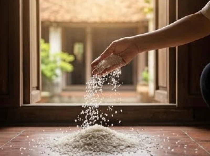 Con cò bay vào nhà là điềm gì: Phân biệt loài & cách hóa giải 8 Bàn tay đang rắc hỗn hợp muối hạt và gạo từ trong nhà hướng ra ngoài cửa chính