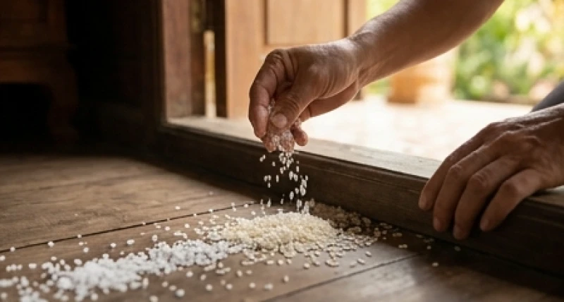 Đôi bàn tay rắc những hạt muối và gạo tẻ trắng xóa dọc theo bậu cửa chính bằng gỗ để xua đuổi tà khí