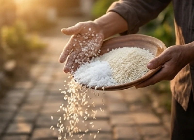 Tuổi Dần tam tai năm nào: bảng tra cứu và nghi thức cúng giải 8 Đôi bàn tay vốc một nắm muối gạo trắng từ đĩa gốm rắc mạnh ra phía trước nhằm xua đuổi những điều không may mắn
