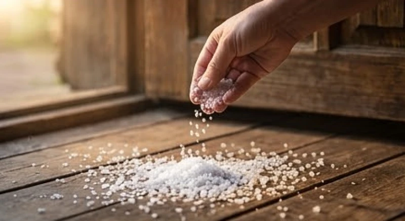 Bàn tay đang rắc những hạt muối biển trắng tinh khiết ngang qua bậu cửa gỗ để thanh tẩy không gian