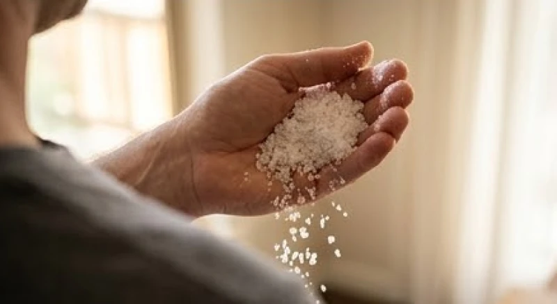 Bàn tay nắm chặt một vốc muối biển hạt to chuẩn bị thực hiện thao tác ném qua vai trái ra sau lưng.