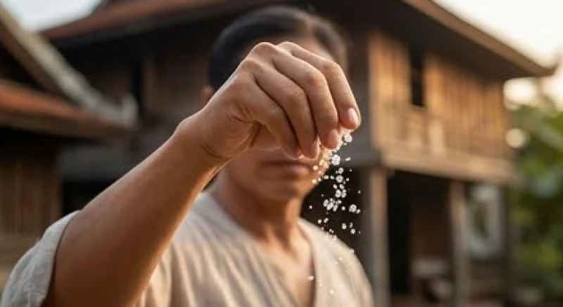 Mèo đen vào nhà là điềm gì? Tốt hay xấu và cách xử lý an toàn 7 Bàn tay cầm một nhúm muối biển thô chuẩn bị ném mạnh qua vai trái để thực hiện nghi thức hóa giải những điều không may mắn