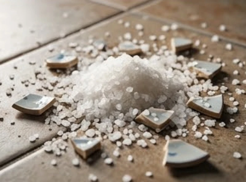 Rắc một nắm muối hạt to trực tiếp lên trên vị trí bát gốm vừa bị vỡ dưới nền gạch