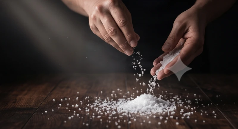 Đôi bàn tay rắc những hạt muối trắng xóa xuống mặt sàn gỗ để thanh tẩy âm khí và năng lượng xấu
