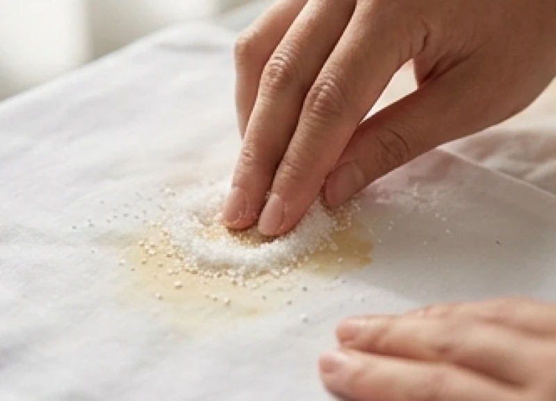 Dùng tay chà xát nhẹ nhàng lớp muối tinh trên bề mặt vải bông cotton để làm bong tróc phần xơ cháy
