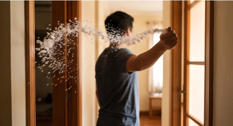 Động tác ném một nắm muối hột qua vai ra phía sau lưng để xua đuổi năng lượng xấu