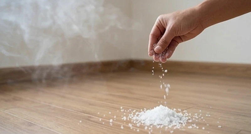 Hình ảnh bàn tay rắc những hạt muối biển thô vào góc tường phòng khách để xua tan năng lượng xấu