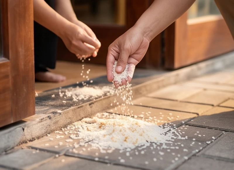 Hành động rắc muối gạo trước cửa hàng để thanh tẩy không gian kinh doanh