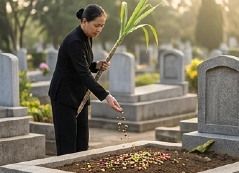 Người chủ lễ cầm cây mía lau đi vòng quanh mộ và rải các hạt đậu xuống nền đất xung quanh
