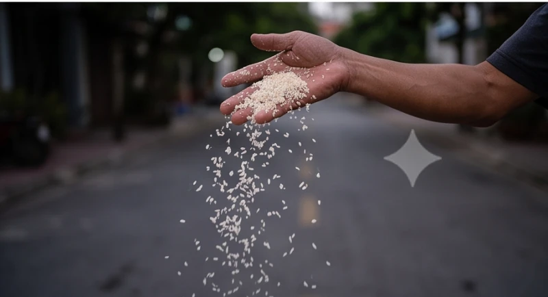 Văn khấn cúng cô hồn ngoài trời: Bản chuẩn, ngắn gọn & cách cúng 8 Bàn tay đang vung mạnh để rải gạo và hạt muối văng xa ra phía ngoài đường lớn