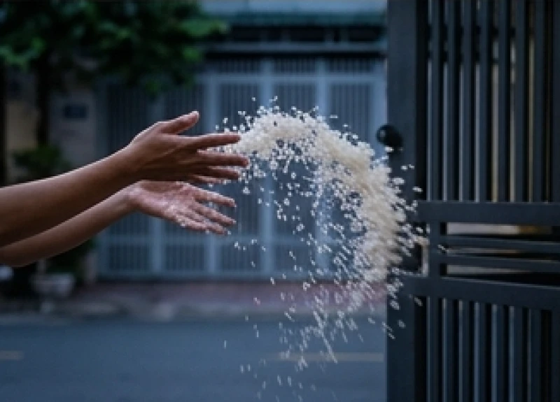 Hành động hắt mạnh đĩa gạo và muối trắng từ phía cổng nhà ra mặt đường lớn để ban phát cho các vong linh
