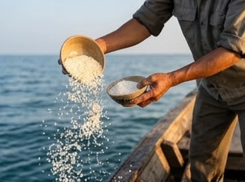 Ngư dân thành tâm hắt mạnh nắm gạo và muối trắng xuống mặt nước để bố thí cho các vong linh bơ vơ
