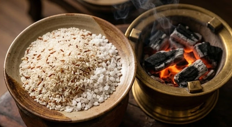 Đĩa gạo trắng và muối hạt chuẩn bị rải ra tám hướng để xua tan những năng lượng xấu