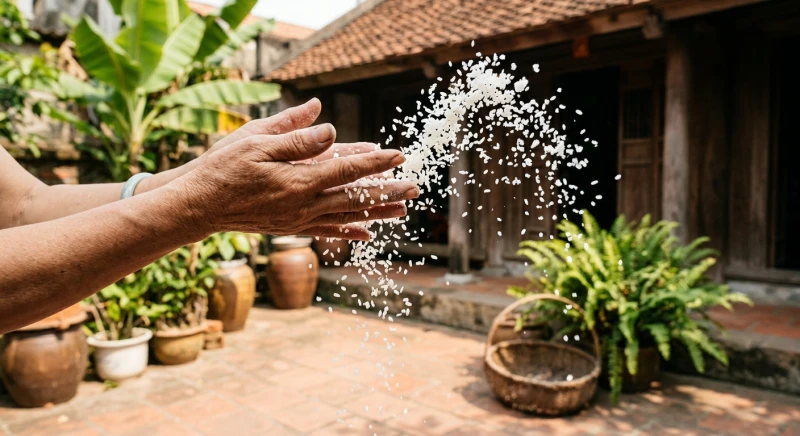 Đôi bàn tay tán đều gạo và muối hột ra khu vực trước nhà để xua rủi ro, đón tài lộc