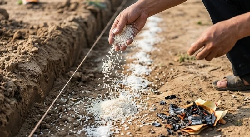 Gia chủ rải muối và gạo xung quanh ranh giới móng khu đất sau khi đã hóa vàng mã