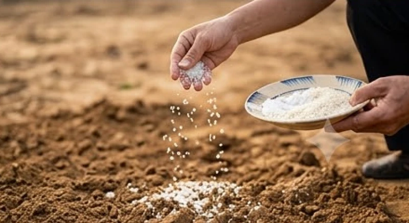Bàn tay gia chủ đang rải đều muối và gạo trắng từ một chiếc đĩa nhỏ ra xung quanh khu vực đất chuẩn bị thi công