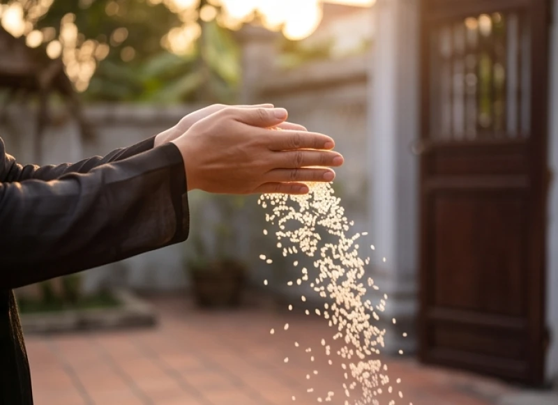 Thao tác rải muối gạo từ trong sân hắt ra cổng sau khi hoàn tất lễ cúng cây hương ngoài trời