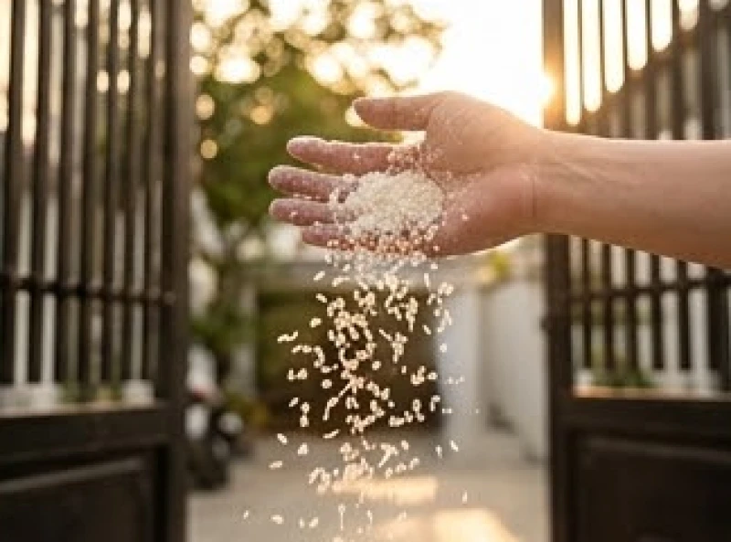 Bàn tay gia chủ đang bốc từng nắm nhỏ muối trắng và gạo tẻ từ đĩa cúng rải vung ra phía ngoài cổng