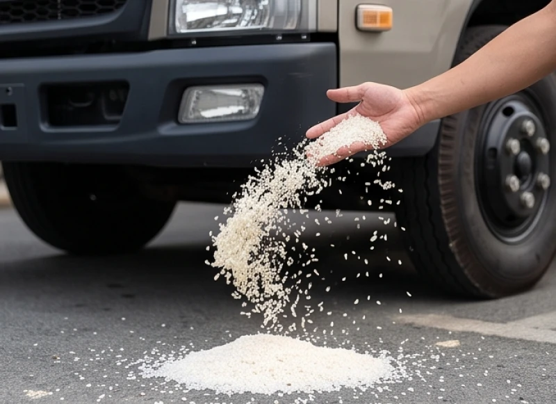 Bàn tay đang thực hiện thao tác vung rải muối và gạo từ phía gầm xe tải ra bên ngoài mặt đường