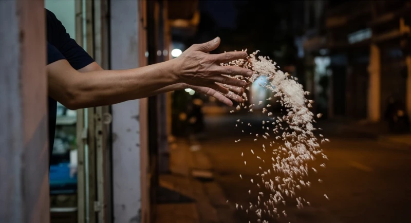 Văn khấn cúng thí thực hàng tháng: Bản chuẩn Phật giáo tại gia 7 Bàn tay vung mạnh từng nhúm muối gạo vãi từ mép ranh giới cổng nhà hướng thẳng ra ngoài mặt đường để tiễn vong linh