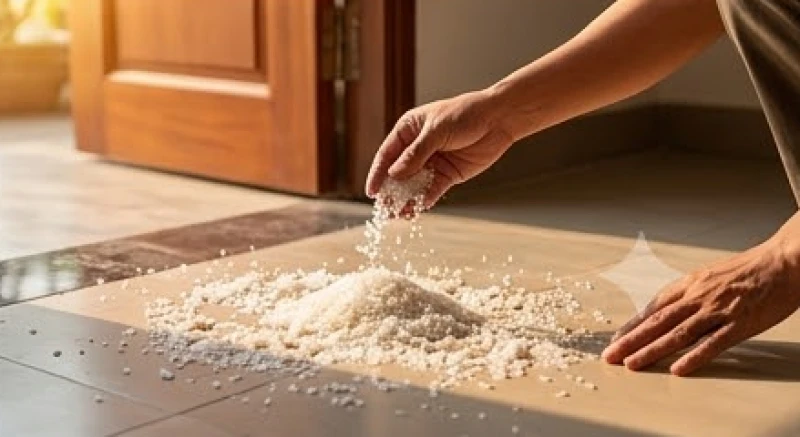 Gia chủ thực hiện nghi thức rải muối gạo ra các góc nhà để kết thúc lễ hoàn công