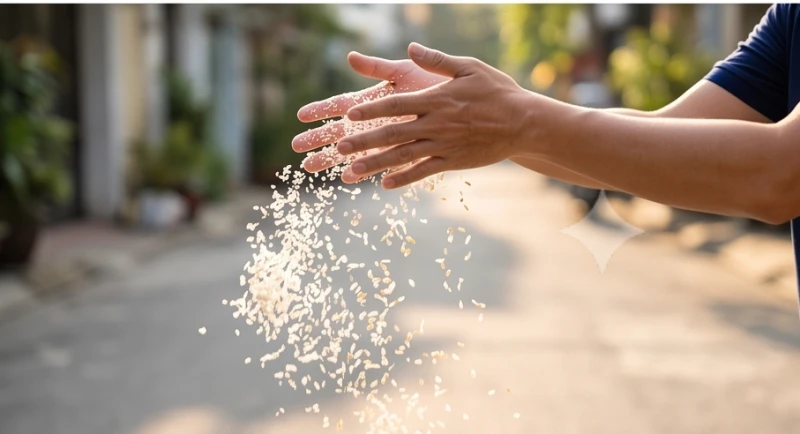Bàn tay gia chủ đang bốc muối gạo từ đĩa và ném đều ra xa phía ngoài đường lớn để tạ lễ sau khi nhang tàn
