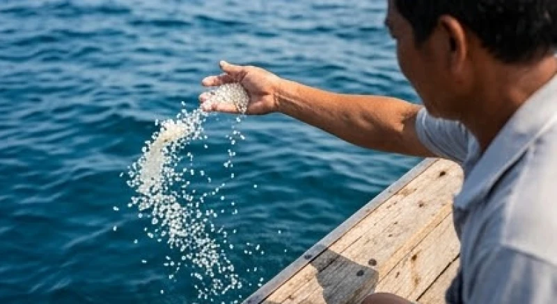 Ngư dân vung tay rải những hạt muối và gạo trắng xuống mặt biển trong xanh để hoàn tất nghi thức