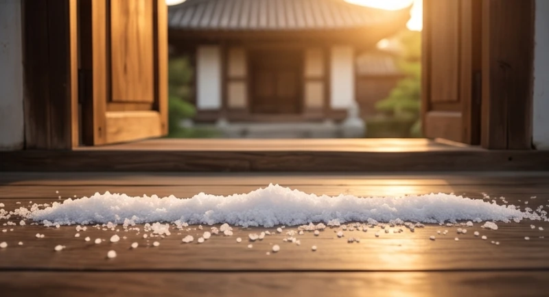 Mơ thấy cá chép đỏ: Giải mã điềm báo và cách hóa giải điềm xấu 6 Một nắm muối hạt thô trắng tinh được rải thành đường ngang trước bậc thềm cửa gỗ truyền thống