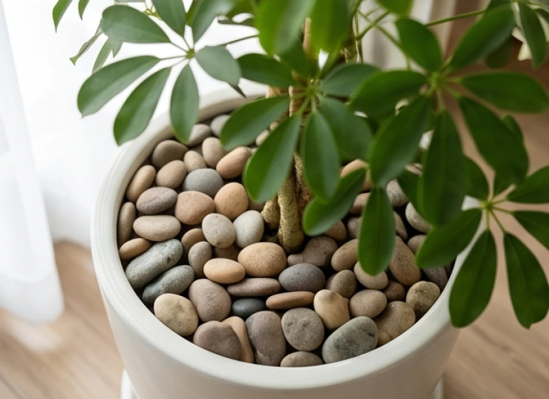 Lớp sỏi cuội nhẵn được rải đều trên bề mặt chậu cây ngũ gia bì để ngăn thú cưng cào bới lớp đất mùn ẩm