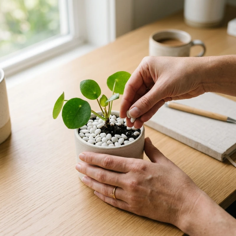 Cây để bàn hợp tuổi Sửu: Đối chiếu ngũ hành và hướng đặt 14 Bề mặt chậu đất được phủ kín bởi một lớp sỏi trắng tinh sạch sẽ giúp cân bằng lại phong thủy chậu cây