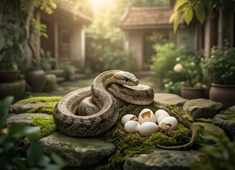 Mơ thấy đẻ ra rắn là điềm gì: Phân tích tâm lý và sổ mơ 3 Một ổ trứng rắn đang nở ra những chú rắn con nhỏ xíu ở góc sân vườn rêu phong mang lại sinh khí tự nhiên