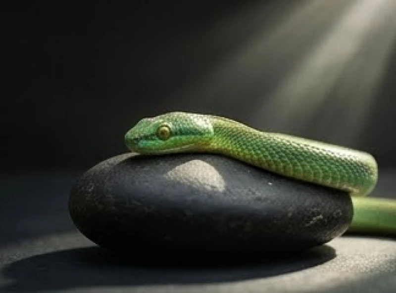 Bị rắn cắn là điềm gì: Giải mã hên xui và cách hóa giải 2 Biểu tượng con rắn màu lục tĩnh lặng cuộn tròn trên một phiến đá phong thủy đại diện cho năng lượng âm