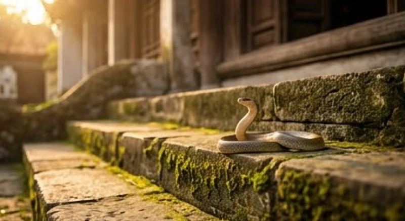 Con rắn nhỏ đang cuộn tròn hiền lành ngay bên dưới bậc thềm đá dẫn lên chánh điện