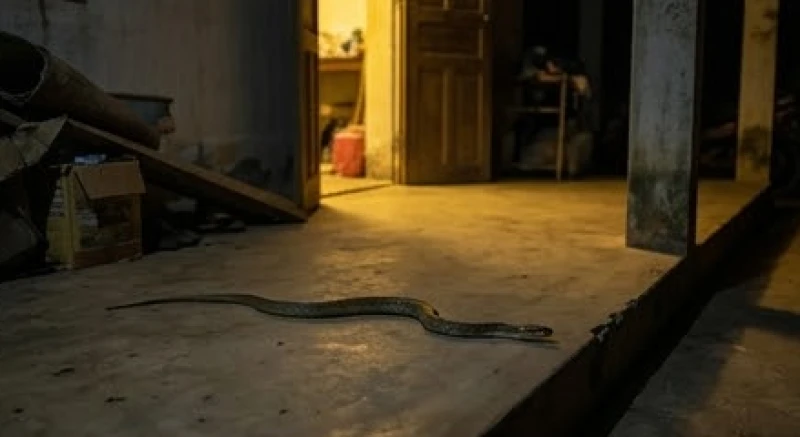 Rắn nước hiền lành nằm tĩnh lặng dưới ánh đèn mờ trước hiên nhà vắng vẻ lúc nửa đêm