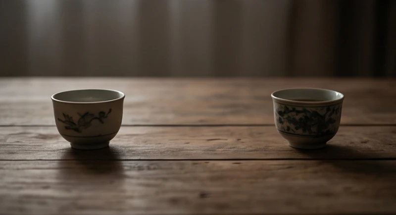 Hai tách trà đặt cách xa nhau trên bàn gỗ thể hiện sự xa cách và rạn nứt trong mối quan hệ tình cảm
