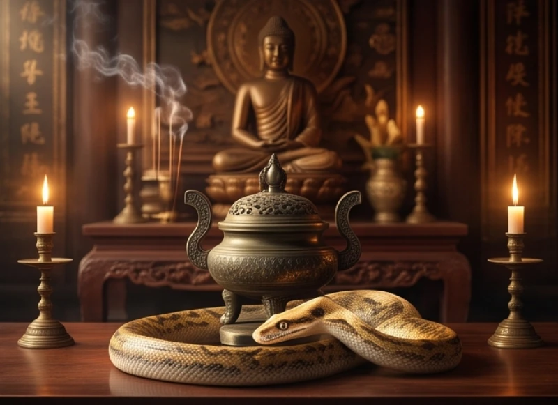 Mơ thấy rắn thần: Điềm báo tâm linh và bảng tra số tài lộc 4 Rắn thần cuộn tròn tĩnh lặng dưới chân tượng Phật và bát hương trên ban thờ gia tiên linh thiêng