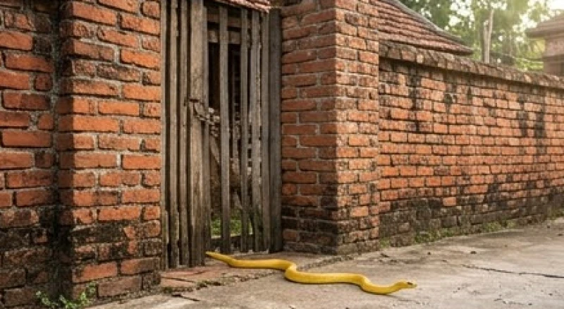 Đi đường gặp rắn vàng là điềm gì: Giải mã phong thủy tài lộc 3 Một con rắn màu vàng lẩn khuất cạnh vách tường và cổng nhà bằng gạch đỏ, biểu tượng cho việc tài lộc tàng chứa