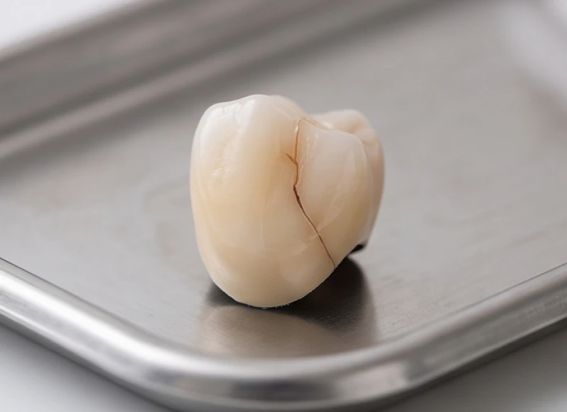 Một chiếc răng giả bằng sứ có vết nứt nhỏ và mảng bám xỉn màu trên khay kim loại
