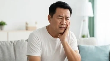 Nam giới trung niên ôm mặt nhăn nhó vì cơn đau do chiếc răng vĩnh viễn bị lung lay