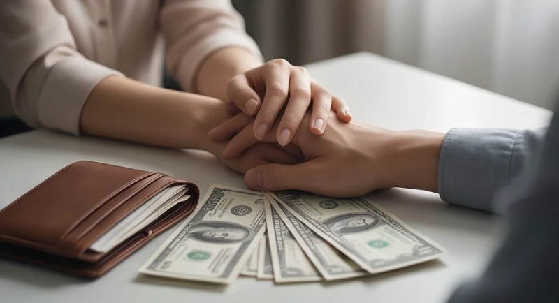 Đôi bàn tay nắm lấy nhau bên cạnh chiếc ví da và một vài tờ tiền thể hiện sự đan xen giữa tình cảm và tài chính