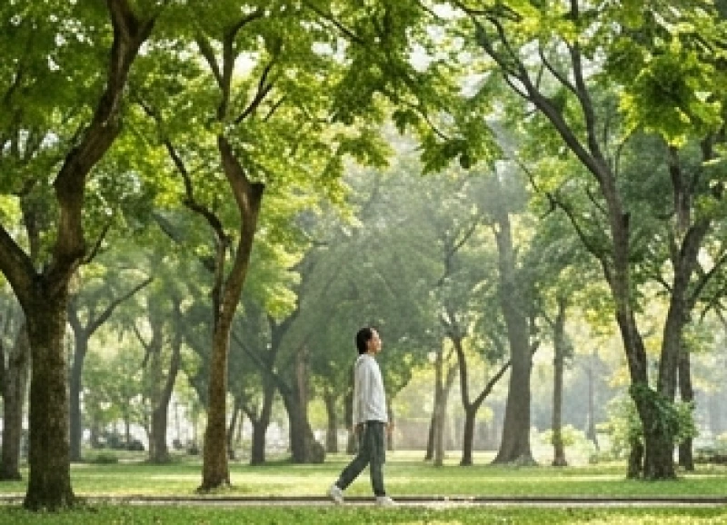 Một người đang thong thả đi dạo một mình dưới hàng cây xanh mát để cân bằng tâm lý