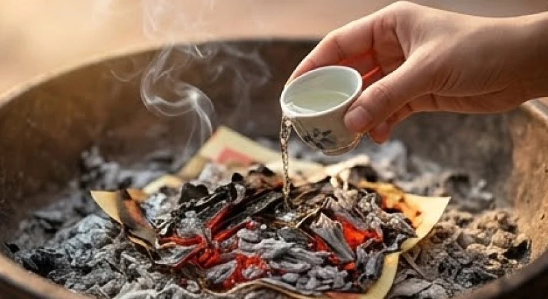 Rảy những giọt rượu trắng lên đống tro tàn vàng mã đang bốc khói nhẹ