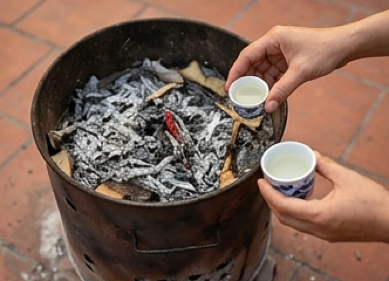 Gia chủ vẩy rượu trắng vòng quanh đống tro hóa vàng để khai quang đồ mã