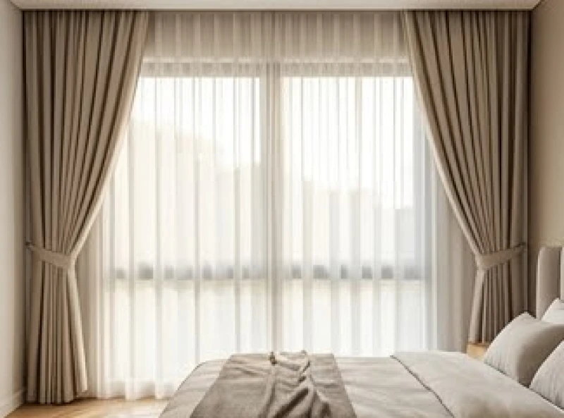 Rèm vải hai lớp mềm mại che chắn bớt ánh nắng gắt buổi chiều chiếu qua khung cửa sổ kính trong phòng ngủ