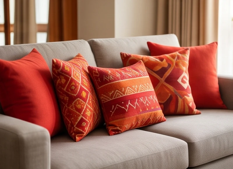 Gối tựa sofa màu đỏ và cam được điểm xuyết trên chiếc ghế màu trung tính để cân bằng lại ngũ hành phong thủy