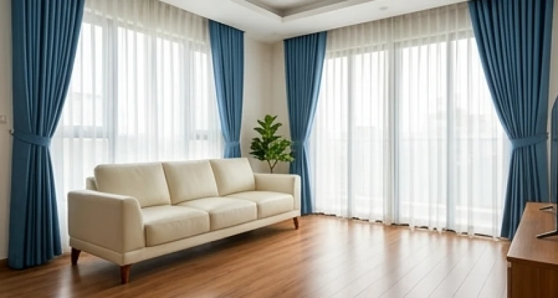 Không gian phòng khách hiện đại sử dụng rèm cửa xanh dương để trung hòa năng lượng ngũ hành